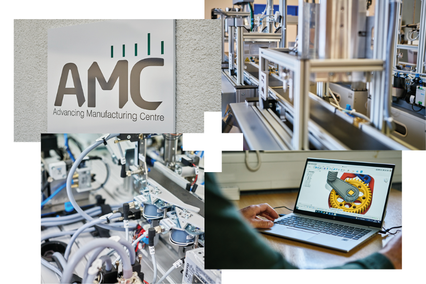Advancing Manufacturing Centre Collage showing the logo CAD drawings and the equipment in the centre Advancing Manufacturing Centre Collage showing the logo CAD drawings and the equipment in the centre