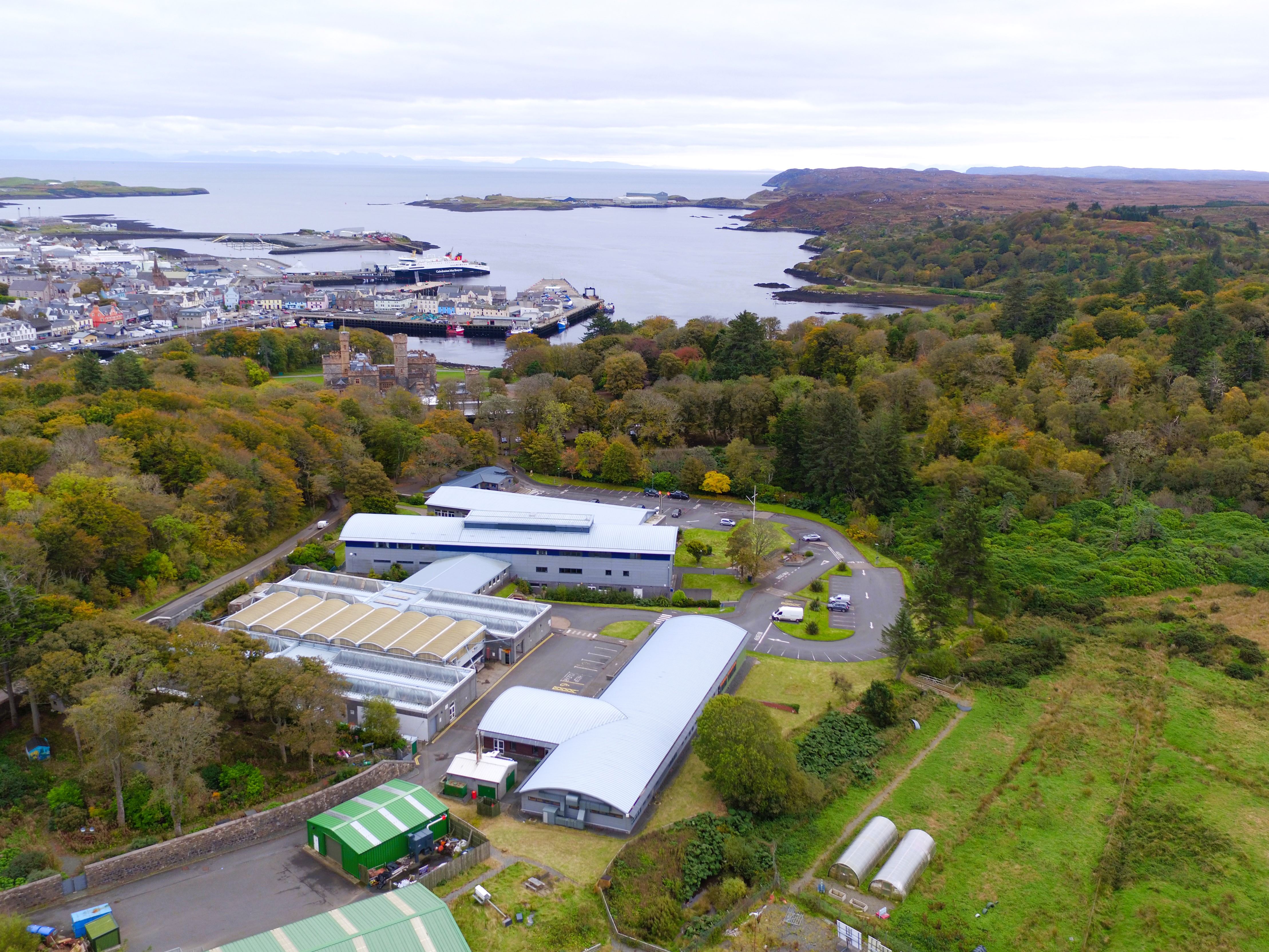 aerial image of Stornoway campus looking over to the harbour with the castle grounds in the background