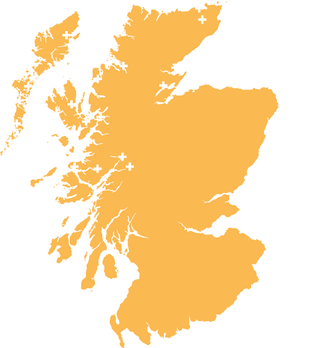 An orange map of Scotland with plus signs marking the 19 campuses/centres of UHI North West and Hebrides