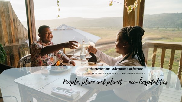 Image of 2 people enjoying a meal. Text that reads: 11th International Adventure Conference 9 - 11 September 2024, KNYSNA, South Africa, People, Place and Planet - new hospitalities.