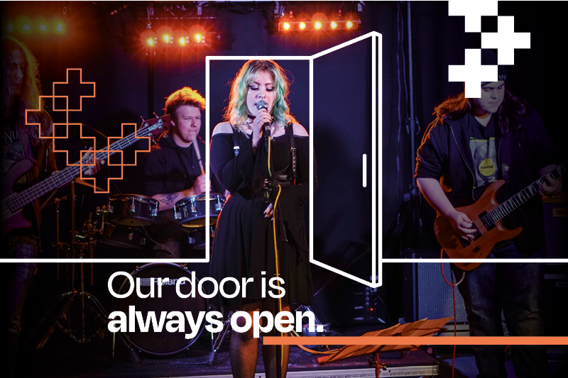 Music students performing. Text that reads our door is always open with a graphic of an open door