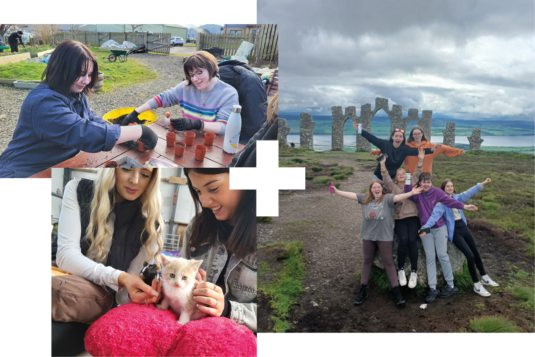 collage of images featuring our access and entry level students. 2 Students at the community gardens in Thurso helping fill pots of soil. Alness students who climbed Fyrish monument to mark the end of their course. 2 Thurso students with a kitten at Lybster farm, their end of year trip;
