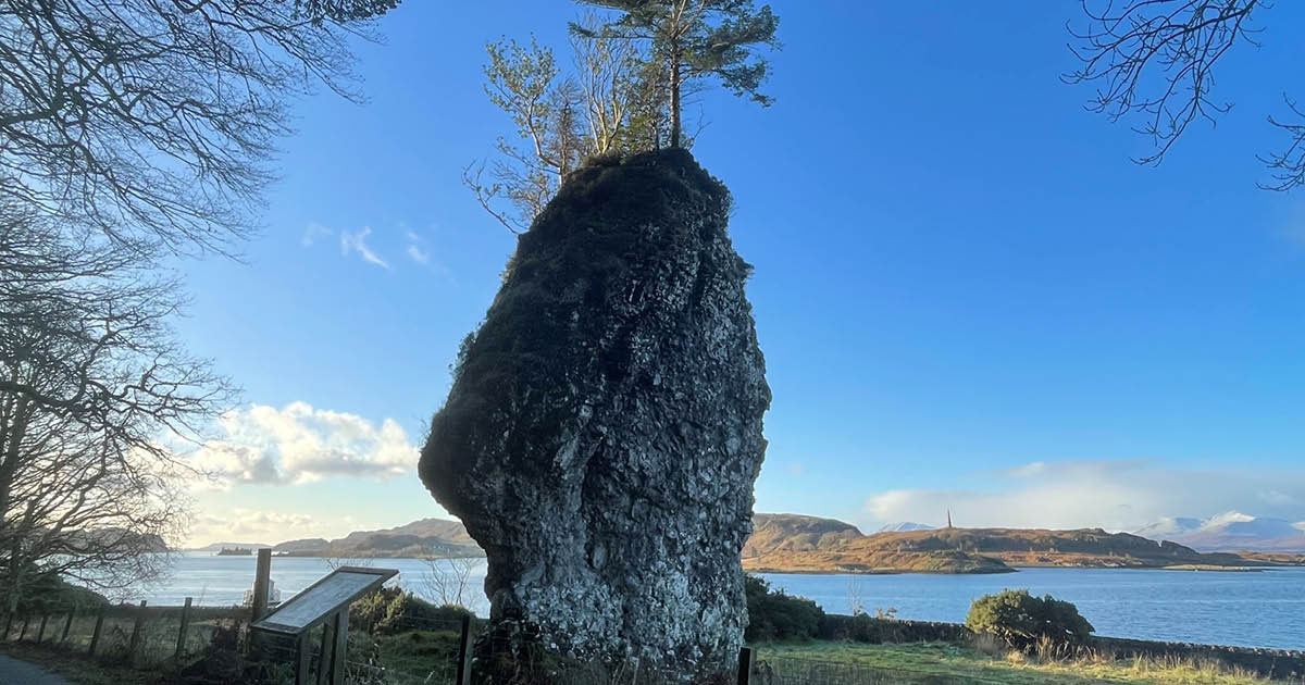 Large stone with trees growing on top in front of water landscape